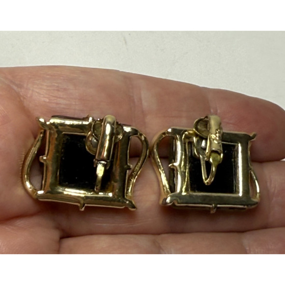 Vintage Coro Square Black Confetti Lucite Cab Gold Tone Clip On Earrings MCM 50s - Picture 5 of 5